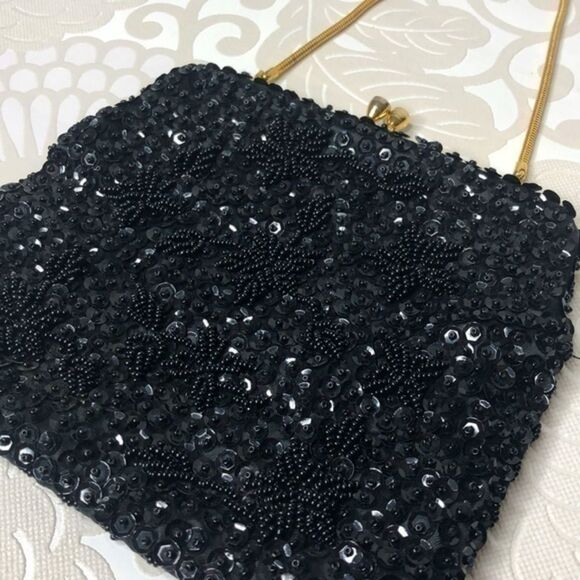 Sequined Evening Bag, Black with Gold - Picture 1 of 11